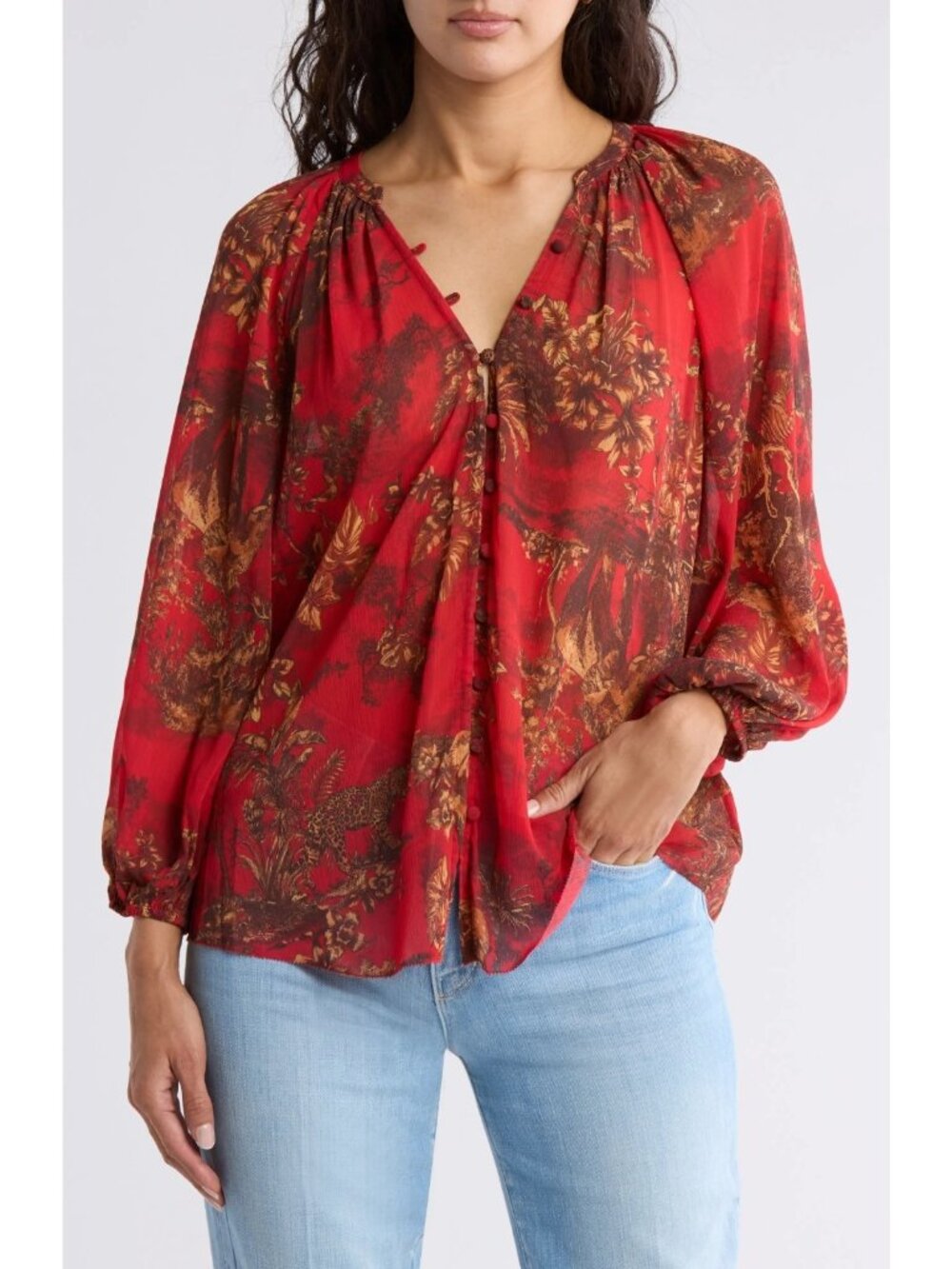 L'AGENCE Teagan Women's Balloon Sleeve Blouse Button-Up Shirt Top Red Size XS